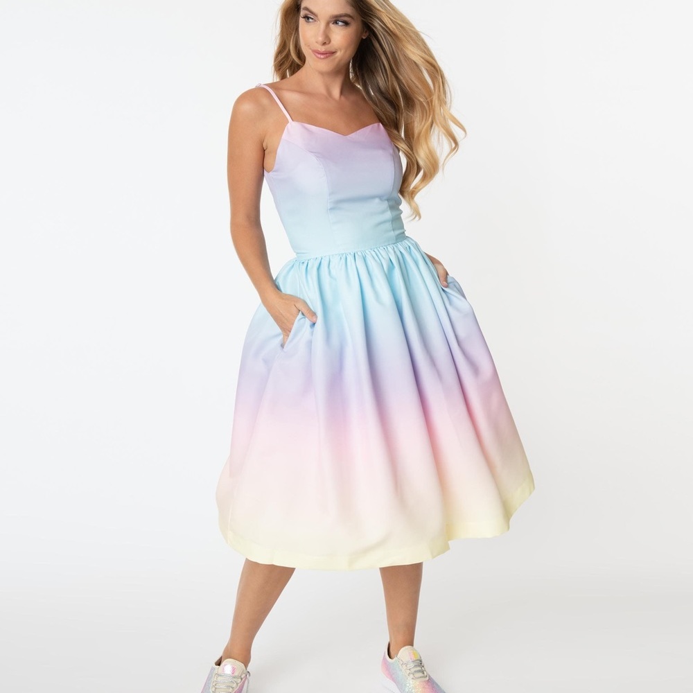 Unique Vintage Magnolia Place rainbow dress with pockets